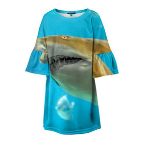 Детское платье 3D с принтом Тигровая акула в Санкт-Петербурге, 100% полиэстер | прямой силуэт, чуть расширенный к низу. Круглая горловина, на рукавах — воланы | Тематика изображения на принте: голубое море | океан | рыба