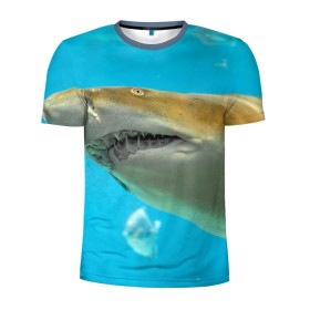 Мужская футболка 3D спортивная с принтом Тигровая акула в Санкт-Петербурге, 100% полиэстер с улучшенными характеристиками | приталенный силуэт, круглая горловина, широкие плечи, сужается к линии бедра | голубое море | океан | рыба