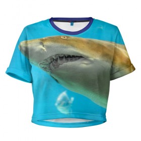 Женская футболка 3D укороченная с принтом Тигровая акула в Санкт-Петербурге, 100% полиэстер | круглая горловина, длина футболки до линии талии, рукава с отворотами | Тематика изображения на принте: голубое море | океан | рыба