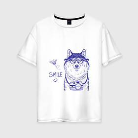 Женская футболка хлопок Oversize с принтом Smile в Санкт-Петербурге, 100% хлопок | свободный крой, круглый ворот, спущенный рукав, длина до линии бедер
 | smile | лето | очки | пчела | смайл | улыбка | фотоаппарат | хаски. маламут