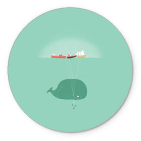 Коврик круглый с принтом Кит с корабликами в Санкт-Петербурге, резина и полиэстер | круглая форма, изображение наносится на всю лицевую часть | Тематика изображения на принте: кит | корабли | лодки | море | океан | шарики | якорь | якоря