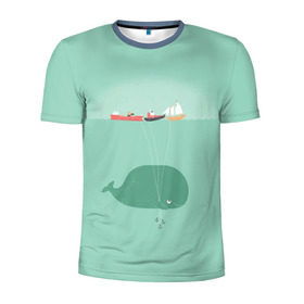 Мужская футболка 3D спортивная с принтом Кит с корабликами в Санкт-Петербурге, 100% полиэстер с улучшенными характеристиками | приталенный силуэт, круглая горловина, широкие плечи, сужается к линии бедра | Тематика изображения на принте: кит | корабли | лодки | море | океан | шарики | якорь | якоря