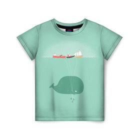 Детская футболка 3D с принтом Кит с корабликами в Санкт-Петербурге, 100% гипоаллергенный полиэфир | прямой крой, круглый вырез горловины, длина до линии бедер, чуть спущенное плечо, ткань немного тянется | Тематика изображения на принте: кит | корабли | лодки | море | океан | шарики | якорь | якоря