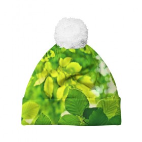 Шапка 3D c помпоном с принтом Зелёные листья в Санкт-Петербурге, 100% полиэстер | универсальный размер, печать по всей поверхности изделия | 