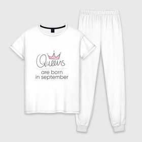 Женская пижама хлопок с принтом Королевы рождаются в сентябре в Санкт-Петербурге, 100% хлопок | брюки и футболка прямого кроя, без карманов, на брюках мягкая резинка на поясе и по низу штанин | queen september