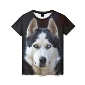 Женская футболка 3D с принтом Хаски в Санкт-Петербурге, 100% полиэфир ( синтетическое хлопкоподобное полотно) | прямой крой, круглый вырез горловины, длина до линии бедер | dog | лабрадор | мопс | пес | собака | такса | хаски | щеночек