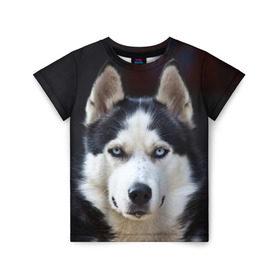 Детская футболка 3D с принтом Хаски в Санкт-Петербурге, 100% гипоаллергенный полиэфир | прямой крой, круглый вырез горловины, длина до линии бедер, чуть спущенное плечо, ткань немного тянется | dog | лабрадор | мопс | пес | собака | такса | хаски | щеночек