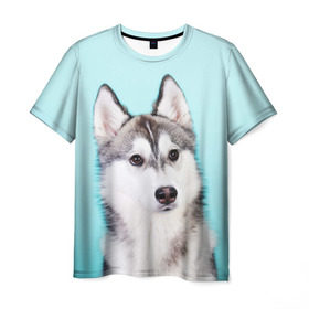 Мужская футболка 3D с принтом Blue в Санкт-Петербурге, 100% полиэфир | прямой крой, круглый вырез горловины, длина до линии бедер | Тематика изображения на принте: dog | бандит | пес | собака | хаски | хаски бандит | щеночек