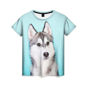 Женская футболка 3D с принтом Blue в Санкт-Петербурге, 100% полиэфир ( синтетическое хлопкоподобное полотно) | прямой крой, круглый вырез горловины, длина до линии бедер | dog | бандит | пес | собака | хаски | хаски бандит | щеночек