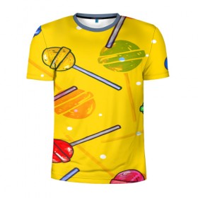 Мужская футболка 3D спортивная с принтом Леденец в Санкт-Петербурге, 100% полиэстер с улучшенными характеристиками | приталенный силуэт, круглая горловина, широкие плечи, сужается к линии бедра | желтая | чупа чупс | яркая | ярт