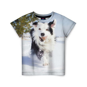 Детская футболка 3D с принтом Snow в Санкт-Петербурге, 100% гипоаллергенный полиэфир | прямой крой, круглый вырез горловины, длина до линии бедер, чуть спущенное плечо, ткань немного тянется | Тематика изображения на принте: dog | бордер | бордер колли | колли | пес | собака