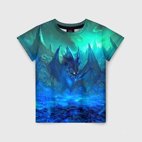 Детская футболка 3D с принтом Синий дракон в Санкт-Петербурге, 100% гипоаллергенный полиэфир | прямой крой, круглый вырез горловины, длина до линии бедер, чуть спущенное плечо, ткань немного тянется | 3d | арт | горы | дракон | другие | животные | картинка | лед | небо | пейзаж | прикольные | природа | рисунок | синий | фантастика | яркие