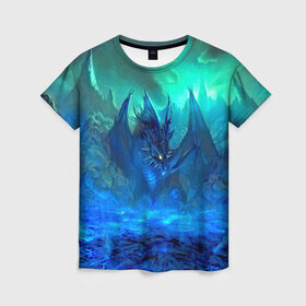 Женская футболка 3D с принтом Синий дракон в Санкт-Петербурге, 100% полиэфир ( синтетическое хлопкоподобное полотно) | прямой крой, круглый вырез горловины, длина до линии бедер | 3d | арт | горы | дракон | другие | животные | картинка | лед | небо | пейзаж | прикольные | природа | рисунок | синий | фантастика | яркие
