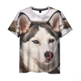 Мужская футболка 3D с принтом Хаски в Санкт-Петербурге, 100% полиэфир | прямой крой, круглый вырез горловины, длина до линии бедер | Тематика изображения на принте: dog | лабрадор | мопс | пес | собака | такса | хаски | щеночек