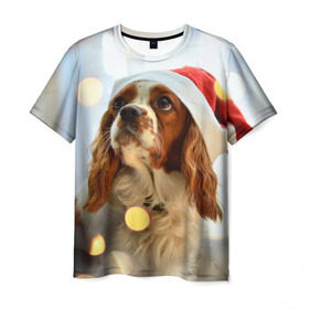 Мужская футболка 3D с принтом Рождество в Санкт-Петербурге, 100% полиэфир | прямой крой, круглый вырез горловины, длина до линии бедер | dog | кавалер кинг чарльз спаниель | новый год | пес | рождество | собака