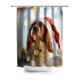Штора 3D для ванной с принтом Рождество в Санкт-Петербурге, 100% полиэстер | плотность материала — 100 г/м2. Стандартный размер — 146 см х 180 см. По верхнему краю — пластиковые люверсы для креплений. В комплекте 10 пластиковых колец | Тематика изображения на принте: dog | кавалер кинг чарльз спаниель | новый год | пес | рождество | собака