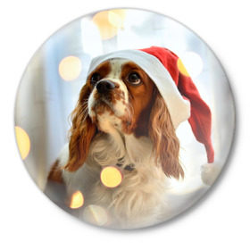 Значок с принтом Рождество в Санкт-Петербурге,  металл | круглая форма, металлическая застежка в виде булавки | dog | кавалер кинг чарльз спаниель | новый год | пес | рождество | собака