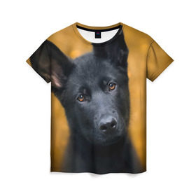 Женская футболка 3D с принтом Doggy в Санкт-Петербурге, 100% полиэфир ( синтетическое хлопкоподобное полотно) | прямой крой, круглый вырез горловины, длина до линии бедер | dog | овчарка | пес | собака | черная овчарка | щеночек