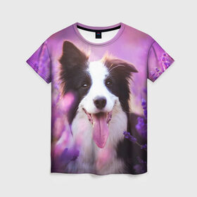 Женская футболка 3D с принтом Happy в Санкт-Петербурге, 100% полиэфир ( синтетическое хлопкоподобное полотно) | прямой крой, круглый вырез горловины, длина до линии бедер | dog | бордер колли | пес | собака