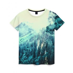 Женская футболка 3D с принтом Туманный лес в Санкт-Петербурге, 100% полиэфир ( синтетическое хлопкоподобное полотно) | прямой крой, круглый вырез горловины, длина до линии бедер | 3d | горы | деревья | другие | лес | лето | пейзаж | прикольные | природа | туман | холм | цветные | яркие