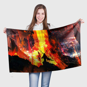 Флаг 3D с принтом Колдун в Санкт-Петербурге, 100% полиэстер | плотность ткани — 95 г/м2, размер — 67 х 109 см. Принт наносится с одной стороны | волшебник | вулкан | горы | камни | копьё | лава | огонь | пламя | рога | фантастика | шаман