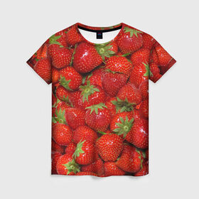Женская футболка 3D с принтом Клубничка в Санкт-Петербурге, 100% полиэфир ( синтетическое хлопкоподобное полотно) | прямой крой, круглый вырез горловины, длина до линии бедер | еда | клубника | красный | сладкое | текстура | фрукты | ягоды