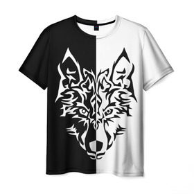 Мужская футболка 3D с принтом Двуликий волк в Санкт-Петербурге, 100% полиэфир | прямой крой, круглый вырез горловины, длина до линии бедер | монохромный | тату | черно белый
