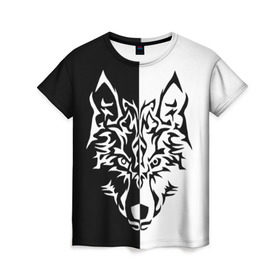 Женская футболка 3D с принтом Двуликий волк в Санкт-Петербурге, 100% полиэфир ( синтетическое хлопкоподобное полотно) | прямой крой, круглый вырез горловины, длина до линии бедер | монохромный | тату | черно белый