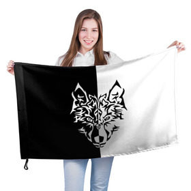 Флаг 3D с принтом Двуликий волк в Санкт-Петербурге, 100% полиэстер | плотность ткани — 95 г/м2, размер — 67 х 109 см. Принт наносится с одной стороны | монохромный | тату | черно белый