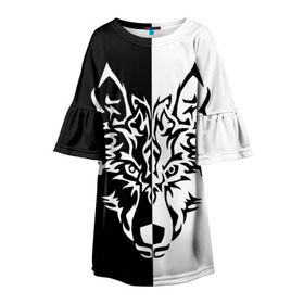 Детское платье 3D с принтом Двуликий волк в Санкт-Петербурге, 100% полиэстер | прямой силуэт, чуть расширенный к низу. Круглая горловина, на рукавах — воланы | Тематика изображения на принте: монохромный | тату | черно белый