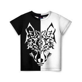Детская футболка 3D с принтом Двуликий волк в Санкт-Петербурге, 100% гипоаллергенный полиэфир | прямой крой, круглый вырез горловины, длина до линии бедер, чуть спущенное плечо, ткань немного тянется | монохромный | тату | черно белый