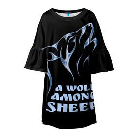 Детское платье 3D с принтом Волк среди овец в Санкт-Петербурге, 100% полиэстер | прямой силуэт, чуть расширенный к низу. Круглая горловина, на рукавах — воланы | Тематика изображения на принте: wolf among sheep | татуировка | хищник