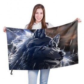 Флаг 3D с принтом Волк и дождь в Санкт-Петербурге, 100% полиэстер | плотность ткани — 95 г/м2, размер — 67 х 109 см. Принт наносится с одной стороны | зверь | хищник | черный
