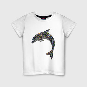 Детская футболка хлопок с принтом Дельфин в Санкт-Петербурге, 100% хлопок | круглый вырез горловины, полуприлегающий силуэт, длина до линии бедер | Тематика изображения на принте: дельфин | животное