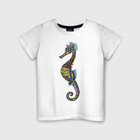 Детская футболка хлопок с принтом Морской конек в Санкт-Петербурге, 100% хлопок | круглый вырез горловины, полуприлегающий силуэт, длина до линии бедер | животное | конек | лето | море | океан | рыба