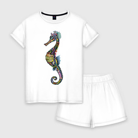 Женская пижама с шортиками хлопок с принтом Морской конек в Санкт-Петербурге, 100% хлопок | футболка прямого кроя, шорты свободные с широкой мягкой резинкой | животное | конек | лето | море | океан | рыба