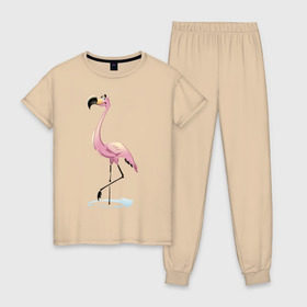 Женская пижама хлопок с принтом Фламинго в Санкт-Петербурге, 100% хлопок | брюки и футболка прямого кроя, без карманов, на брюках мягкая резинка на поясе и по низу штанин | птица | фламинго | цапля