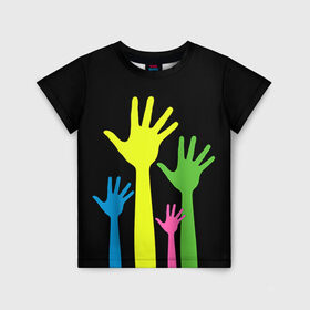Детская футболка 3D с принтом Руки вверх! в Санкт-Петербурге, 100% гипоаллергенный полиэфир | прямой крой, круглый вырез горловины, длина до линии бедер, чуть спущенное плечо, ткань немного тянется | Тематика изображения на принте: светящиеся | флуоресцентный | флюр | флюровый
