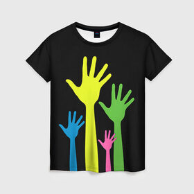Женская футболка 3D с принтом Руки вверх! в Санкт-Петербурге, 100% полиэфир ( синтетическое хлопкоподобное полотно) | прямой крой, круглый вырез горловины, длина до линии бедер | светящиеся | флуоресцентный | флюр | флюровый