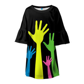 Детское платье 3D с принтом Руки вверх! в Санкт-Петербурге, 100% полиэстер | прямой силуэт, чуть расширенный к низу. Круглая горловина, на рукавах — воланы | светящиеся | флуоресцентный | флюр | флюровый