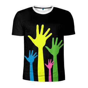 Мужская футболка 3D спортивная с принтом Руки вверх! в Санкт-Петербурге, 100% полиэстер с улучшенными характеристиками | приталенный силуэт, круглая горловина, широкие плечи, сужается к линии бедра | светящиеся | флуоресцентный | флюр | флюровый