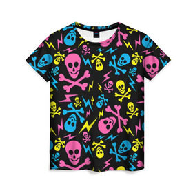 Женская футболка 3D с принтом Не влезай - убьёт! в Санкт-Петербурге, 100% полиэфир ( синтетическое хлопкоподобное полотно) | прямой крой, круглый вырез горловины, длина до линии бедер | кости | паттерн | светящиеся | флуоресцентный | флюр | флюровый | череп