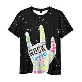 Мужская футболка 3D с принтом Рок форева! в Санкт-Петербурге, 100% полиэфир | прямой крой, круглый вырез горловины, длина до линии бедер | Тематика изображения на принте: rock | навсегда | светящиеся | флуоресцентный | флюр | флюровый