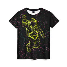 Женская футболка 3D с принтом Космический рок в Санкт-Петербурге, 100% полиэфир ( синтетическое хлопкоподобное полотно) | прямой крой, круглый вырез горловины, длина до линии бедер | космонавт | светящиеся | скафандр | флуоресцентный | флюр | флюровый