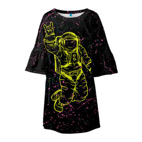 Детское платье 3D с принтом Космический рок в Санкт-Петербурге, 100% полиэстер | прямой силуэт, чуть расширенный к низу. Круглая горловина, на рукавах — воланы | космонавт | светящиеся | скафандр | флуоресцентный | флюр | флюровый