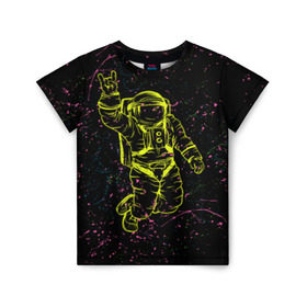 Детская футболка 3D с принтом Космический рок в Санкт-Петербурге, 100% гипоаллергенный полиэфир | прямой крой, круглый вырез горловины, длина до линии бедер, чуть спущенное плечо, ткань немного тянется | космонавт | светящиеся | скафандр | флуоресцентный | флюр | флюровый