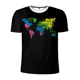 Мужская футболка 3D спортивная с принтом Весь мир - Россия в Санкт-Петербурге, 100% полиэстер с улучшенными характеристиками | приталенный силуэт, круглая горловина, широкие плечи, сужается к линии бедра | Тематика изображения на принте: карта мира | светящиеся | флуоресцентный | флюр | флюровый