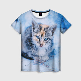 Женская футболка 3D с принтом Трехцветный котенок зимой в Санкт-Петербурге, 100% полиэфир ( синтетическое хлопкоподобное полотно) | прямой крой, круглый вырез горловины, длина до линии бедер | грустный | добрый | животное | киса | киска кися | кот | котенок | котэ | кошка | красивый | лапа | лапка | ласковый | милый | моська | мурлыка | прикольный | смешной | унылый | усатый | шерсть