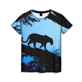 Женская футболка 3D с принтом Чёрная пантера в Санкт-Петербурге, 100% полиэфир ( синтетическое хлопкоподобное полотно) | прямой крой, круглый вырез горловины, длина до линии бедер | африка | вечер | дерево | дикая кошка | закат | леопард | сафари | ягуар