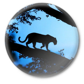 Значок с принтом Чёрная пантера в Санкт-Петербурге,  металл | круглая форма, металлическая застежка в виде булавки | африка | вечер | дерево | дикая кошка | закат | леопард | сафари | ягуар